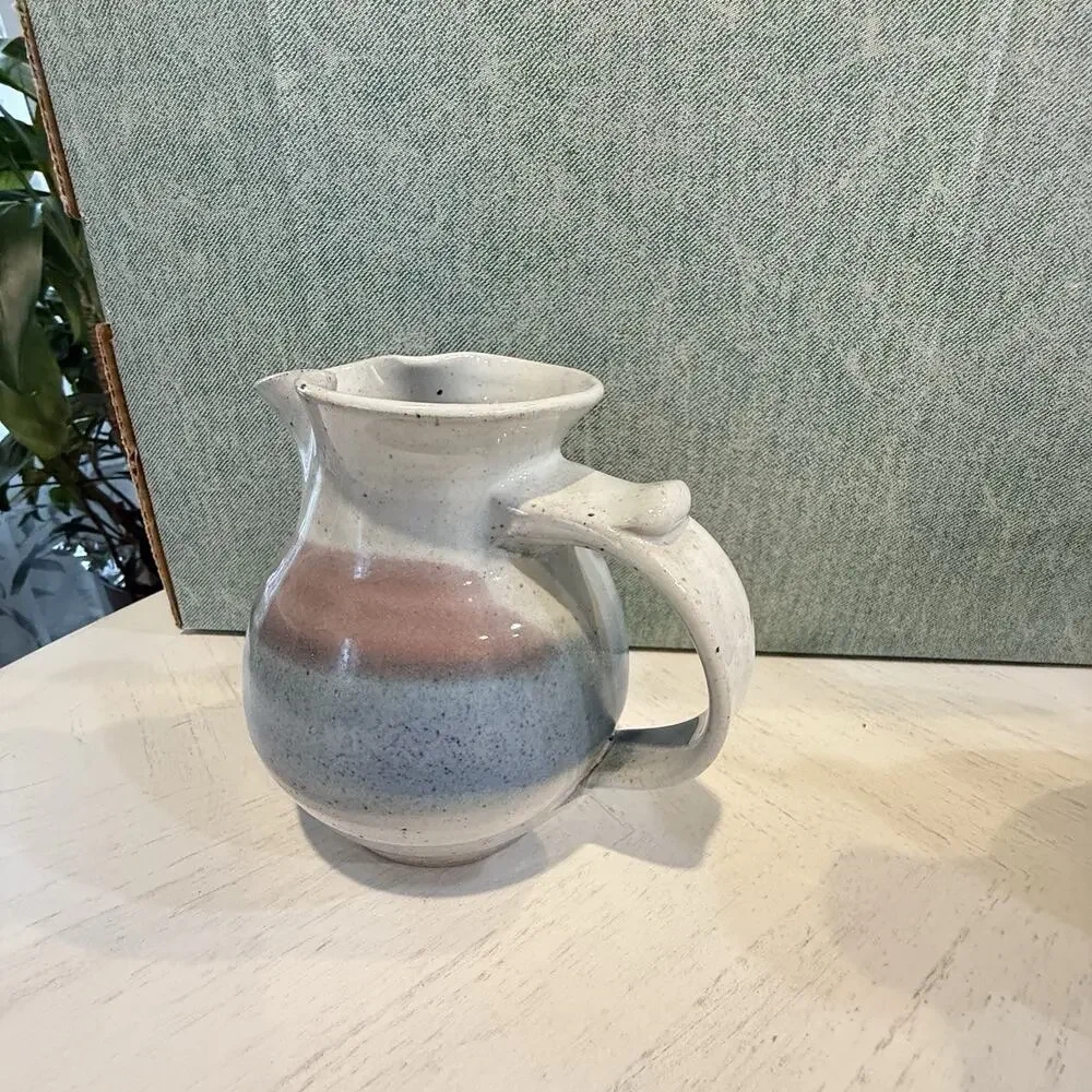 VTG Alewine Pottery Hand Thrown Glazed Pitcher Creamer 5.5” Pastel Pink Blue EUC